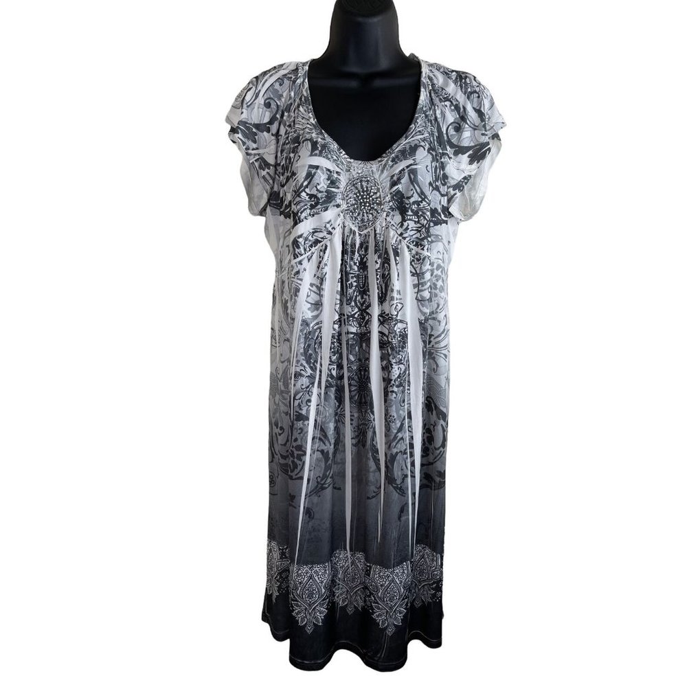 Apt 9 Dress Women Size L Scoop Neck Gray White Shark Bite Stretch Smooth Knit